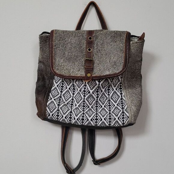 Myra Bag Backpack Unisex Woven,  Canvas and Hairon Leather Rustic Western